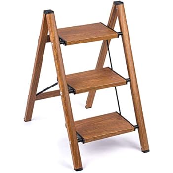 3 Step Ladder Woodgrain Shelf Aluminum Lightweight Folding with Anti-Slip and Wide Pedal for Home and Kitchen Space Saving