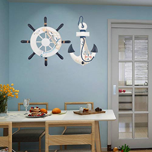 BUYGOO 2 Pack Nautical Decor 13" Wooden Ship Wheel and Wood Anchor with Rope Nautical Boat Steering Rudder Wall Decor Door Hanging Ornament Beach Theme Home Decoration
