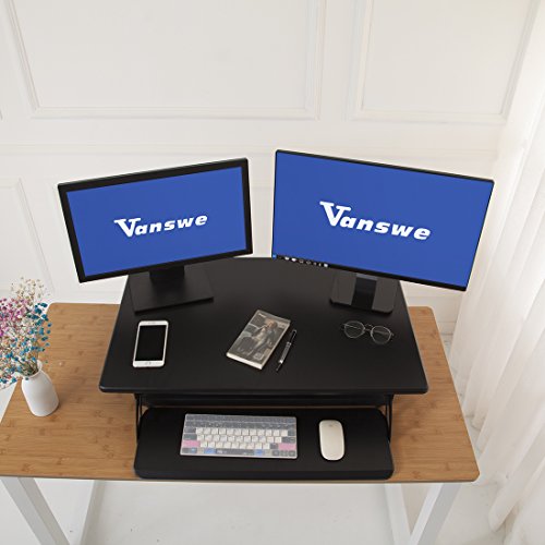 Height Adjustable Standing Desk, 32" Sit to Stand Gas Spring Riser Tabletop Workstation, Fits Dual Monitor with Keyboard Tray by Vanswe (black)
