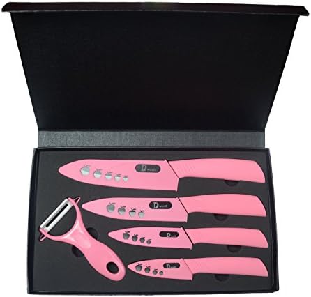 Dworth 9 Piece Ceramic Knife Set , 6" Chef Knife /5" Meat Knife/ 4" Vegetable Knife / 3" Fruit Knife + Parer , Kitchen Knives with Case (Knife Sheaths) (9, black+pink)