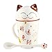 High Quality Japanese Lucky Cat Ceramic Teacup Mug Glass - comes with Lid and Spoon (Red)
