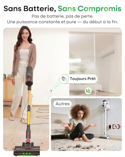 FV2 Aspirateur Balai avec Fil, 65Kpa/600W Aspirateur sans Sac Puissant, Brosse Matelas, 1,3KG Léger, Câble 7M, 1,5L, Brosse Anti-Enroulement & Autoportante pour Tapis, Sols, Poils d’Animaux