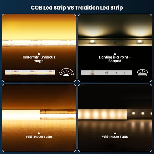 TENDIST 5M COB LED Strip Bluetooth, 2700K CRI90+ Warm White LED Strip Lights Dimmable with Remote and APP, 24V Cuttable Light for Acoustic Panel, Bedroom, Kitchen, Shelf, Cabinet, Bookcase