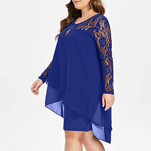 Women's Casual Plus Size Dress Sheer Lace Sleeve High Low Hem Dress O-Neck Swing Dress Blue
