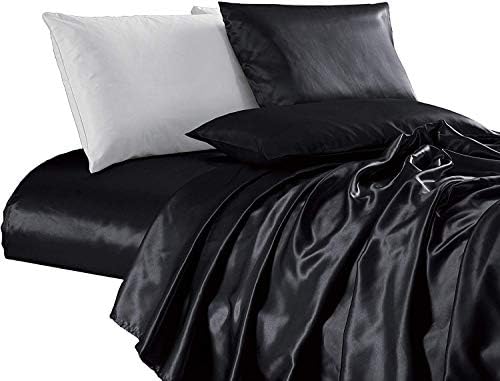 Janvi Linen Sale Today ONLY! Amazon Deals 100% Pure Mulberry Silk 19 Momme, Sheet Set DEEP Pocket, King, Black Solid, (Features : Fully Elastic Fitted Sheet Fits 4-6" Pocket) Gift Free 4 Pcs Straps.