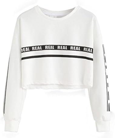 Dayupo Ladies Pullover Tops, New Fashion Letter Print Loose Sweater Blouse O-Neck Crop Sweatshirt Top (White, S)