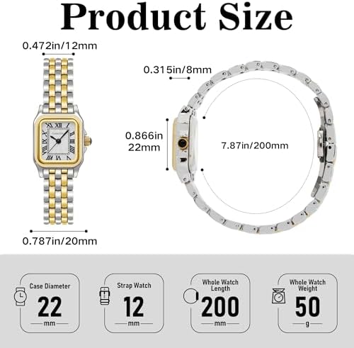 Relojes de oro para mujer, vintage, rectangular, delicada, joyería, reloj de pulsera pequeño, reloj delgado para mujer, esfera clásica con números romanos, resistente al agua hasta 3 ATM, con