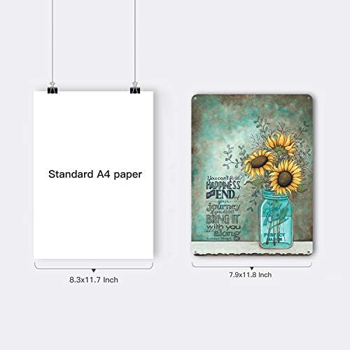 Rustic sunflower tin wall sign measuring 12x17 inches for room decor.