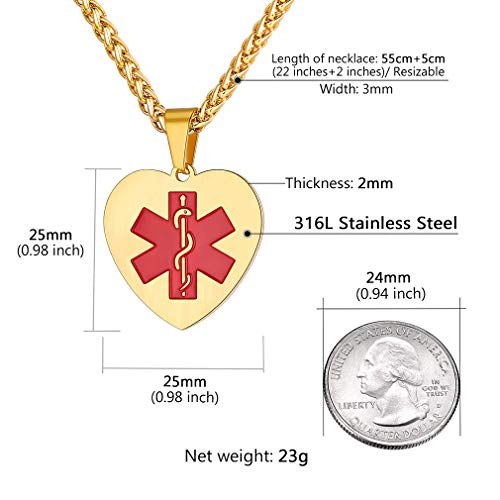 Supcare Medical Alert Heart Necklace Pendant Jewelry Stainless Steel 18K Gold Plated, Medical Emergency Identification Tag Necklace Jewelry for Women/Men/Kids