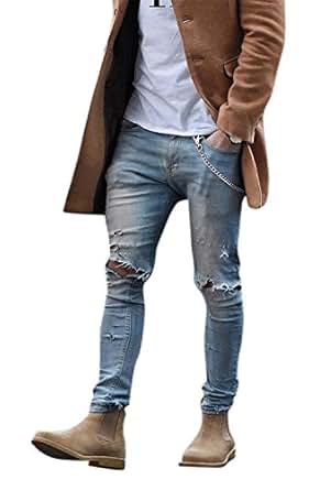 Sarriben Men's Ripped Destroyed Blue Jeans Slim Fit ...