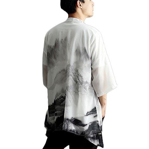 LZJN Men's Lightweight Open Front Cardigans Vintage Chinese Style Chiffon Print Cape Kimono (One Size)