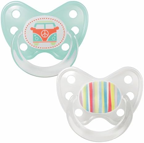 Dentistar® Orthodontic Silicone Dummy, Toothfriendly for Baby, 2 Soothers with Travel Cover Each, Size 3 for Newborn Babies, 14+ Months, from The First Front Teeth | Bus + Stripes