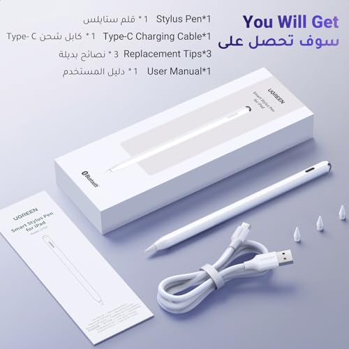UGREEN 2 in1 Magnetic Charging Stylus Pen for Apple iPad Tilt Sensitivity Fast Type-C & Magnetic Charging Bluetooth Power Display Palm Rejection iPad Stylus Pencil for iPad 2018-2022, Pro, Air 3,4,5