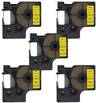 Fassport5 Pack Black on Yellow Label Tape Compatible for DYMO D1 43618 6mm 1/4"