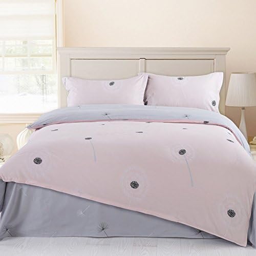 QzzieLife Reversible Print Dandelion Pattern 100 Cotton Duvet Cover Set 4pc Queen Size Pink/Grey