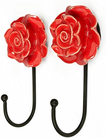 Pair 2 Pcs Metal Ceramic Wall Door Coat Hanger Hook Rose Flower Theme Heavy Duty (Red)