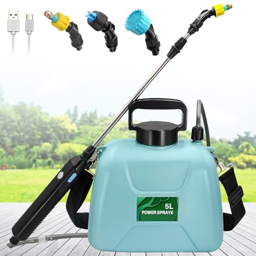 Uniiking® 1.35 Gallon/5L Battery Powered Electric Sprayer with USB Rechargeable Handle, Portable Garden Sprayer with 23.6" Telescopic Wand, 3 Mist Nozzles and Adjustable Shoulder Strap