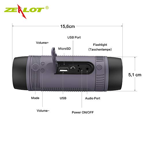ZEALOT S1 Cassa Bluetooth Piccola Portatile Waterproof IPX5 Con Torcia Ciclismo Altoparlante Wireless Bicicletta Casse Bluetooth 15 Ore Di Riproduzione AUX/TF card/USB per Esterno Casa Viaggio