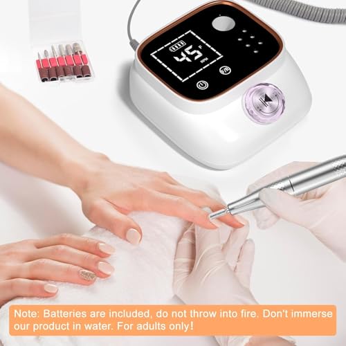 Youtelit Nail Drill 45,000RPM, 13 in 1 Electric Nail File for Acrylic and Gel Nails, Rechargeable Nail Drill Machine, Manicure Pedicure Kit with 12 Bits, LCD Display, Touch Button, Clean Brush (White)