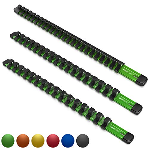 Olsa Tools 3 Pcs Kit Aluminum Socket Organizer | 1/4-Inch Drive x 24 Clips, 3/8-Inch Drive x 18 Clips, 1/2-Inch Drive x 16 Clips | Premium Quality Tool Holder (Green)