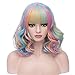 BERON 14 Inches Rainbow Wig Short Wavy Wig Rainbow Wigs with Bangs Bob Wig Colorful Wig for Women Wig Cap Include