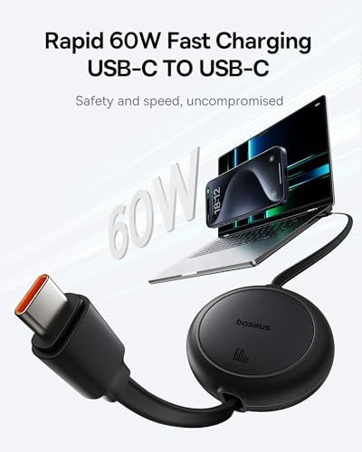 USB C auf USB C Kabel Rollbar, 60W 1m Mini Einziehbar Schnellladekabel, USB C Ladekabel für iPhone 16 15 14 Pro, Samsung Galaxy S25 S24 Ultra, MacBook, iPad Pro, Tragbar Leicht zu Verstauen