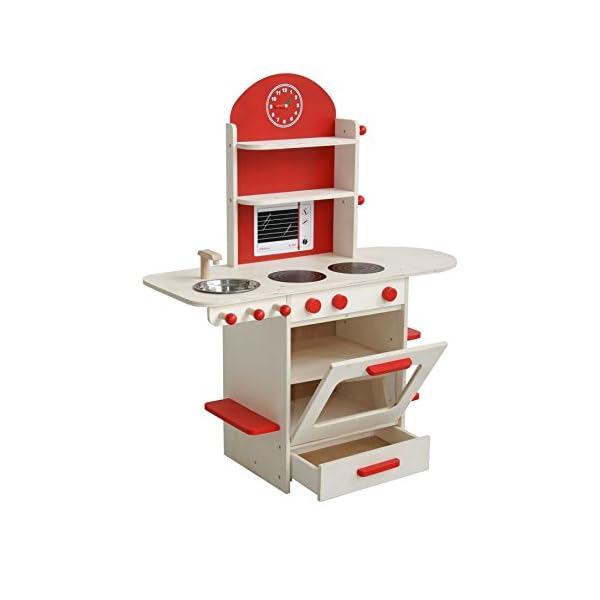 roba Spielküche, Holzküche natur, rot, Kinderspielküche mit Herd, Spüle, Wasserhahn & Regal – Bild 4