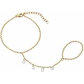 Faire de la Mode Waterproof Droplet Hand Chain – 14k Gold PVD Plated Stainless Steel Bracelet Ring with Pear Cut CZ Stones, Adjustable Gold Jewelry for Women