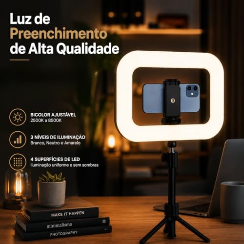 Iluminação Selfie Luz LED Ring Light Estabilizador com Suporte Celular Universal Com Luz De Selfie Youtuber Gravação Fotos Makes Linha Super Premium