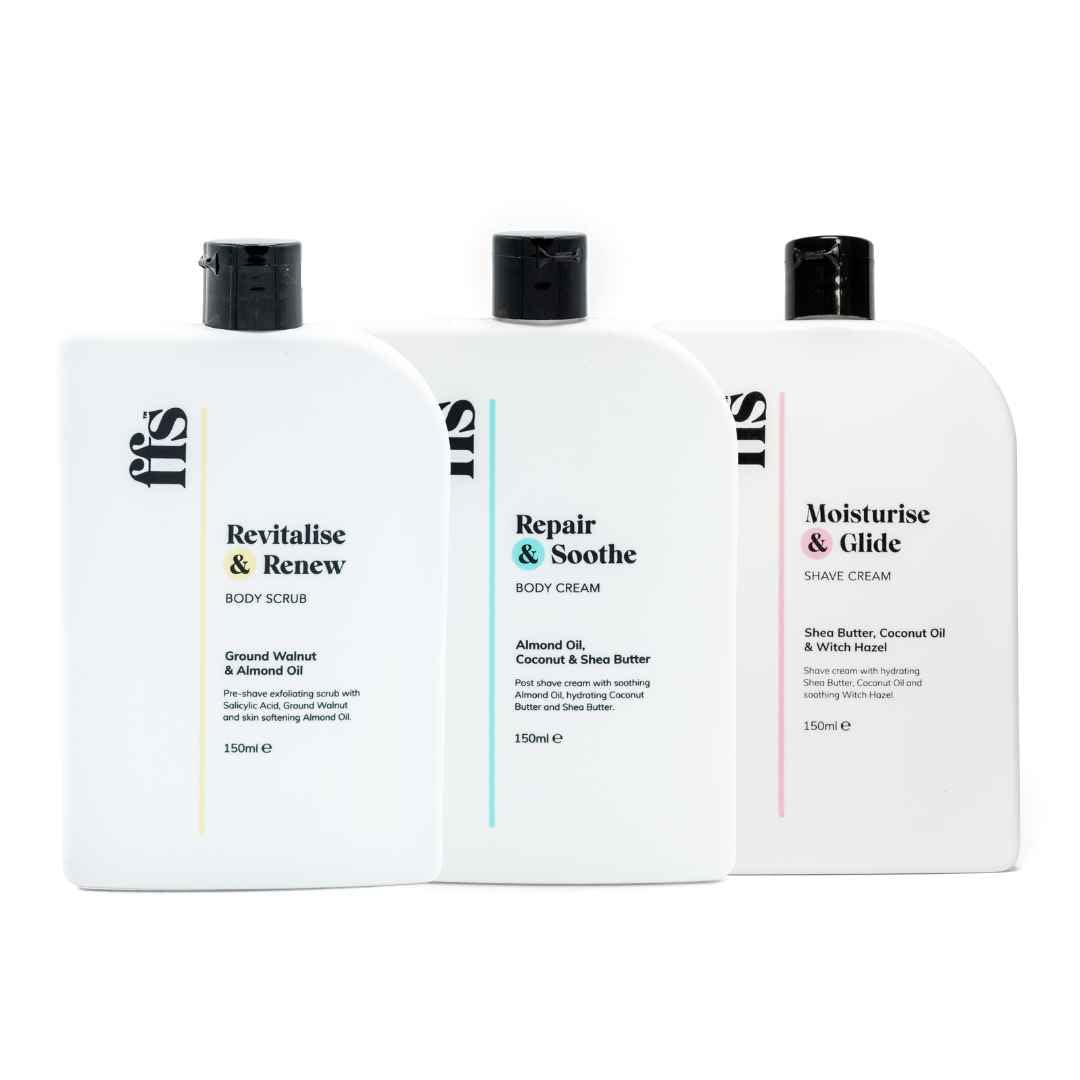 FFS Beauty Revitalise & Renew: Body Scrub, Moisturise & Glide: Shave Cream & Repair & Soothe: Body Cream Bundle