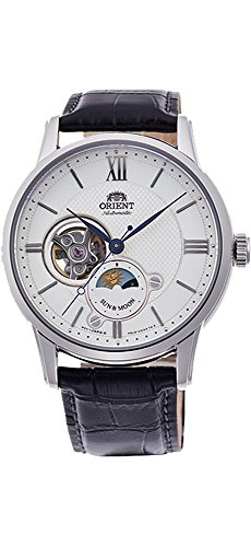 Orient RA-AS0005S10A Men s Silver Tone Sun and Moon Open Heart Leather Band Automatic Watch
