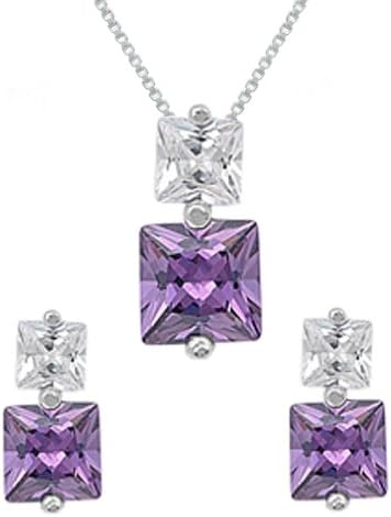 Sterling Silver Princess Cut Simulated Amethyst Necklace and Earrings Set-18IN