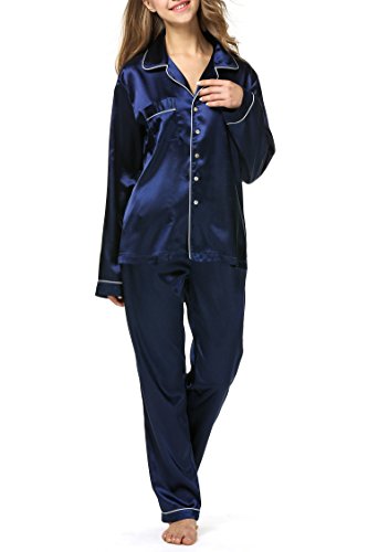 Ekouaer Women's Satin Pajamas Set Sleepwear with Long Pjs Pants(Dark Blue,XXL)