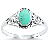 Sterling Silver Oval Green Simulated Turquoise Filigree Ring Sizes 4-12