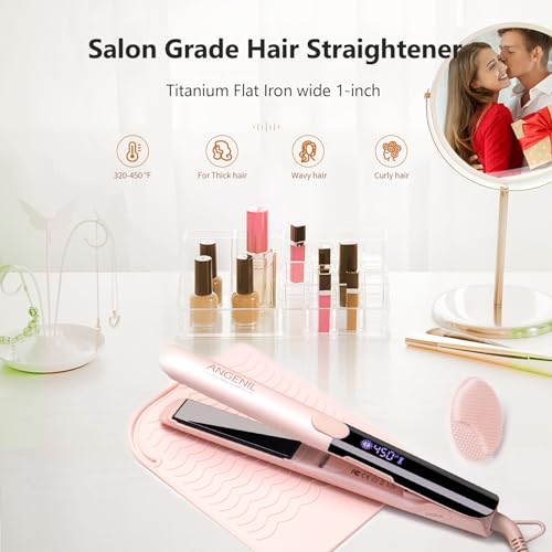 ANGENIL Pro Titanium Flat Iron Hair Straightener and Curler 2 in 1, Dual Voltage Hair Straightening and Curling Irons, Round Pink Hair Straightener with Heat Resistant Silicone Mat Tools, 15s Fast Heating