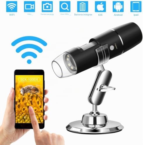 Microscope Numérique USB, 720P WiFi Endoscope Portable 50X-1000X avec Endoscope à 8 LED, Support en Métal pour Android iOS iPhone iPad