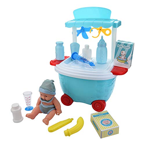 Kids Medical Pretend Play Toy Set | Toddler Doctor Nurse Playset w/Doll Carrying Working Platform Case | Educational Learning Role Play Gifts for Boys Girls (Blue)
