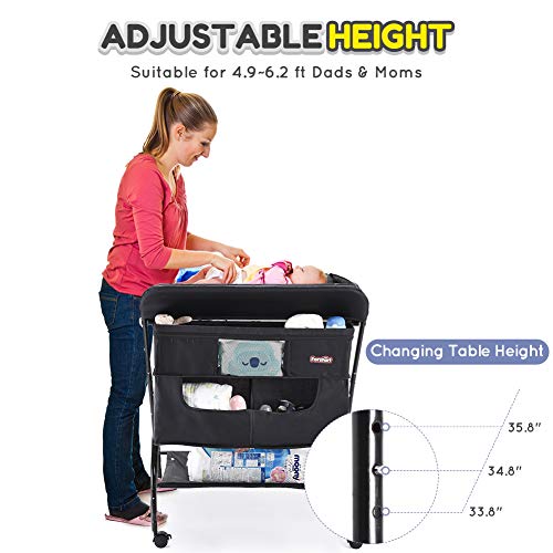 Baby Changing Table with Wheels, FORSTART Adjustable Height Folding Diaper Station Portable Mobile Nursery Organizer with Newborn Clothes & Storage Rack for Infant