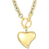 Elefezar Gold Chain Necklace Bracelet Toggle Clasp Stainless Steel Puffy Heart Pendant Chunky Chain Jewelry Set for Women