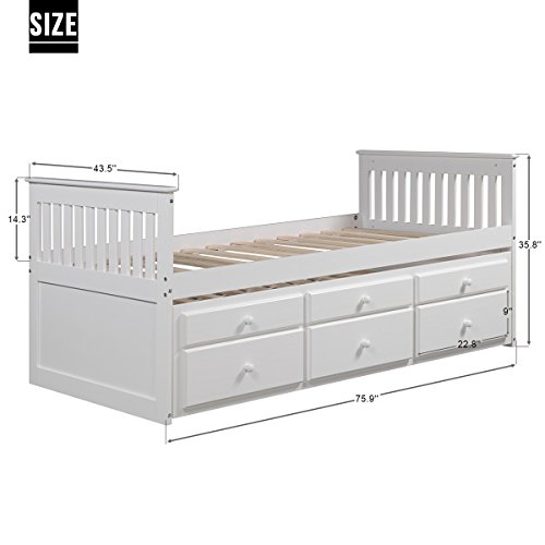 OCGIG Twin Rake Bed with Trundle Unit and Three Drawers Solid Wood US Stock,White