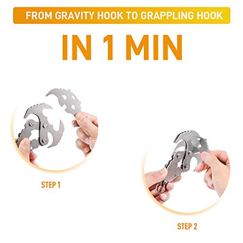 GearOZ Folding Gravity Hook, Stainless Survival Gravity Grappling Hook for Outdoor Hunting Tree Mountain Climbing Camping Tool with Black Rope - Thumbnail 3
