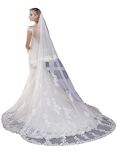 Aorme Bridal Veil White 2Tier Cathedral Wedding Veils with Blusher Lace Edge (Veil-5 White)