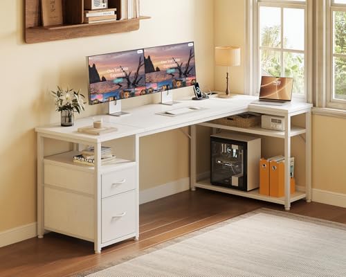 Coleshome Computer Desk with Drawers, 140×80 cm Corner Office Desk with Built-in Power Outlet, Reversible L Shaped Desk with Storage Shelves for Home Office, White