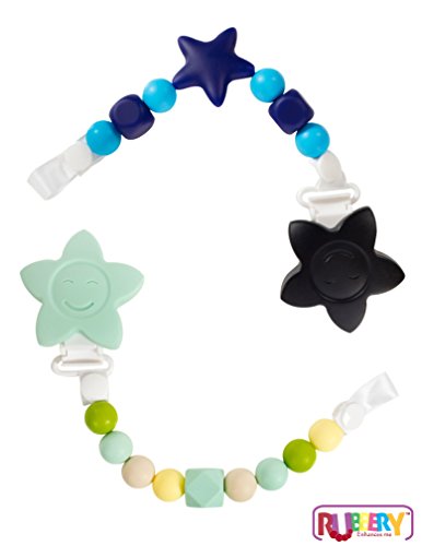 Today's SALE 2 MINT and BLUE Teether Toy Pacifier Clip Baby Girl or Boy Star Beaded Silicone Teething Toy and Pacifier Clip Light Blue Navy Black