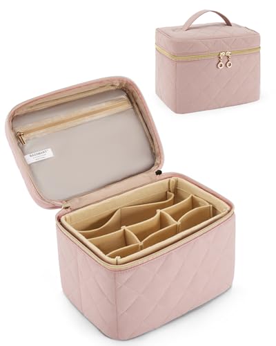 BAGSMART Makeup Bag Organizer Case with Detachable Insert, Large Travel Make Up Bag Cosmetic Bag for Women, Makeup Case for Essentials Travel-Size Toiletries Bottles, Conditioner, Brushes (Pink)