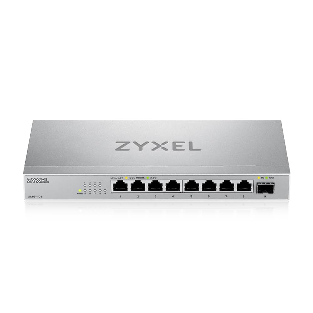 Zyxel Netzwerk Switch 8 Port | Unmanaged Multi Gigabit LAN Splitter | 8X 2.5 Gbit + 1x 10Gb SFP+ Ports | Lüfterlos Design | Plug and Play Einfach Installation | Desktop oder Wand Montage | XMG-108 3