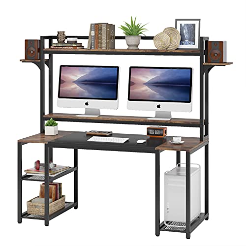 TIYASE Computer Desk with Hutch and Storage Shelves, 55 inch Home