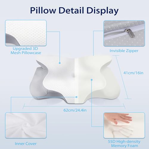 HOMCA Cervical Memory Foam Pillow, Ergonomic Pillow with Support for Neck and Shoulder, Pillows for Side and Back Sleeping, Grey