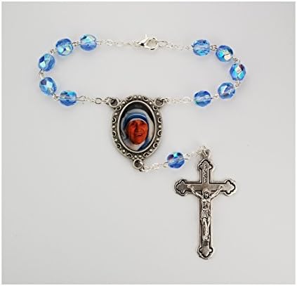 St Teresa Auto Rosary With Blue AB Crystal Beads Silver Ox Crucifix &amp; St Teresa Center