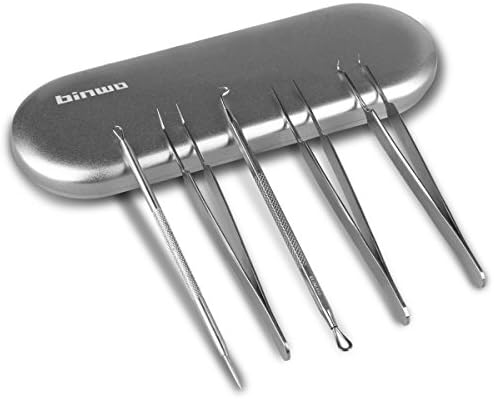 Blackhead Remover Kit, Binwo Professional Curved Blackhead Tweezers Kit Acne Zit Extracting Tools Treatment for Blemish with Metal Case (Tweezers Kit 5pcs) - 2nd Generation
